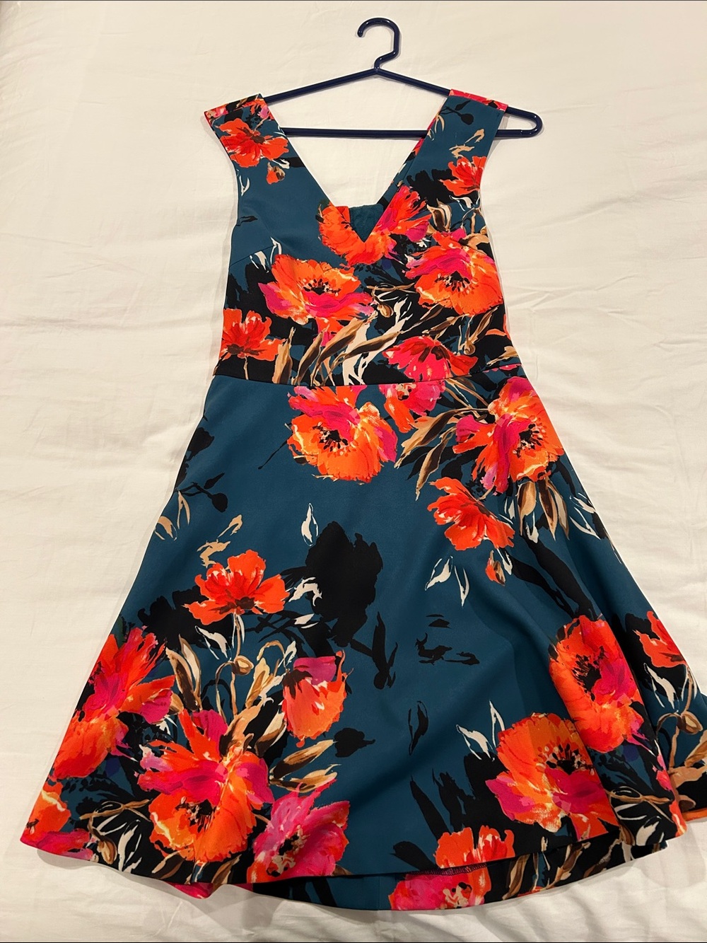 Felicity & Coco Teal and Orange Floral Open Back Cocktail Dress